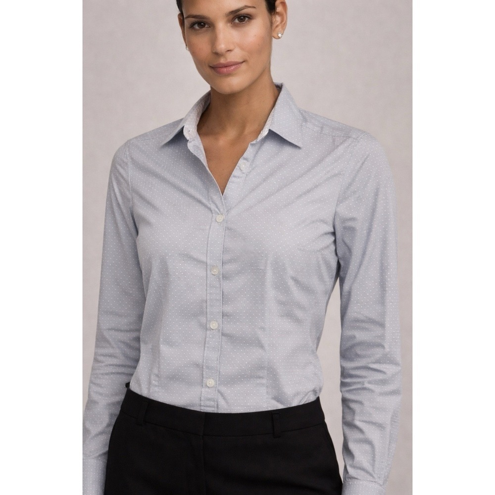 Womens H&M Button Down Collared Gray And White Polka Dot Shirt Size 10